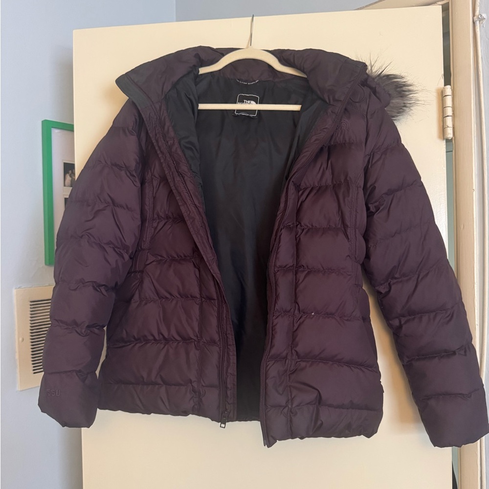 Women's Purple North Face Puffer Jacket with Faux Fur Hood